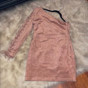 Powder pink suede one shoulder dress
